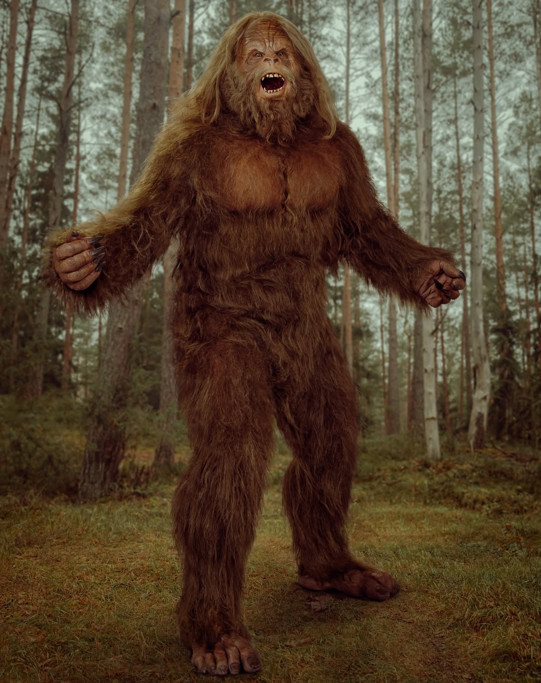 Full-bodied image of a Bigfoot-like creature with long brown hair and fur standing in a wooded area with arms outstretched.